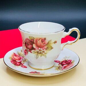 Vintage 50s Queen Anne England Teacup Saucer Set: Romantic Burgundy Roses